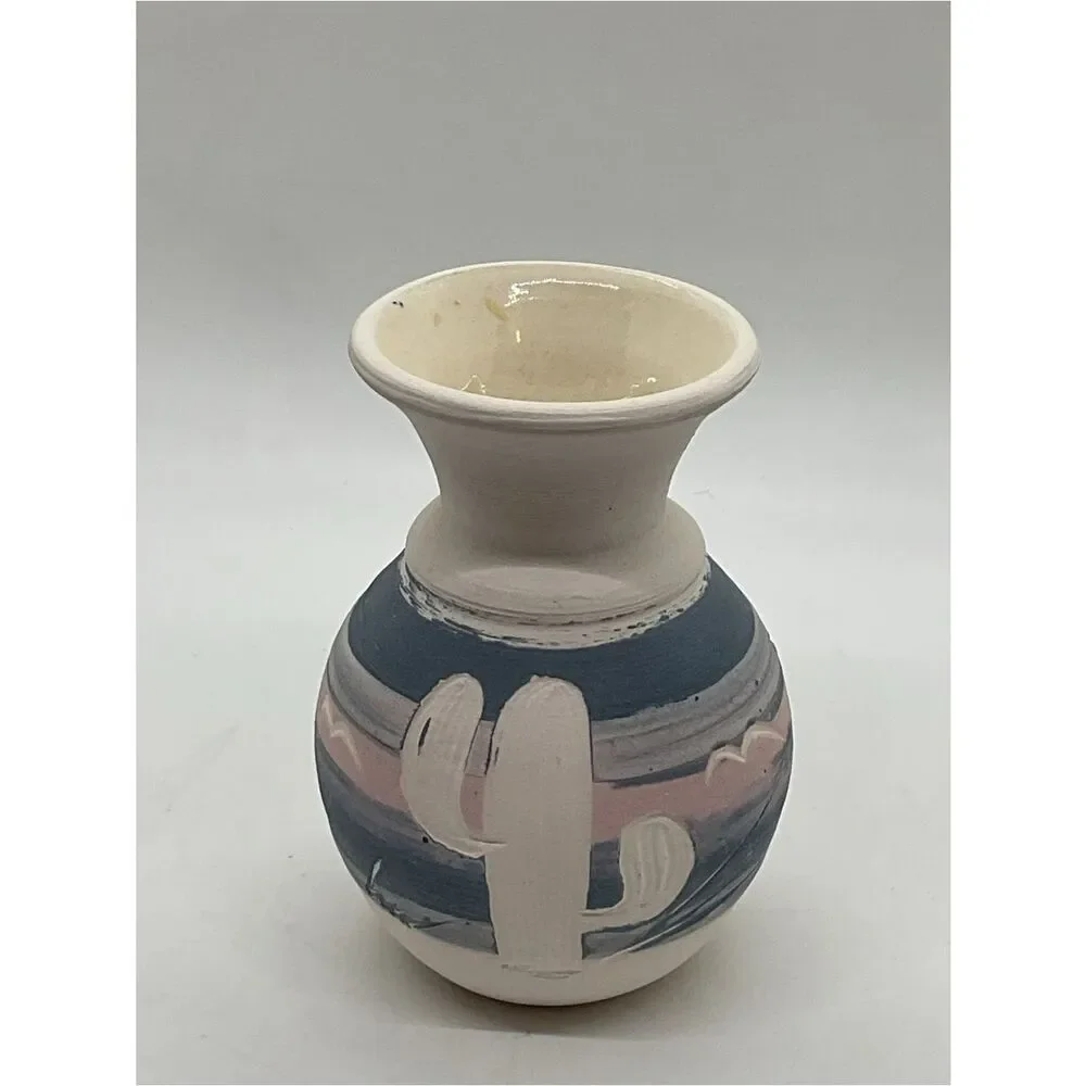 Acevloza Mexican Hand-Painted Ceramic Cactus Vase in Blue and Pink
